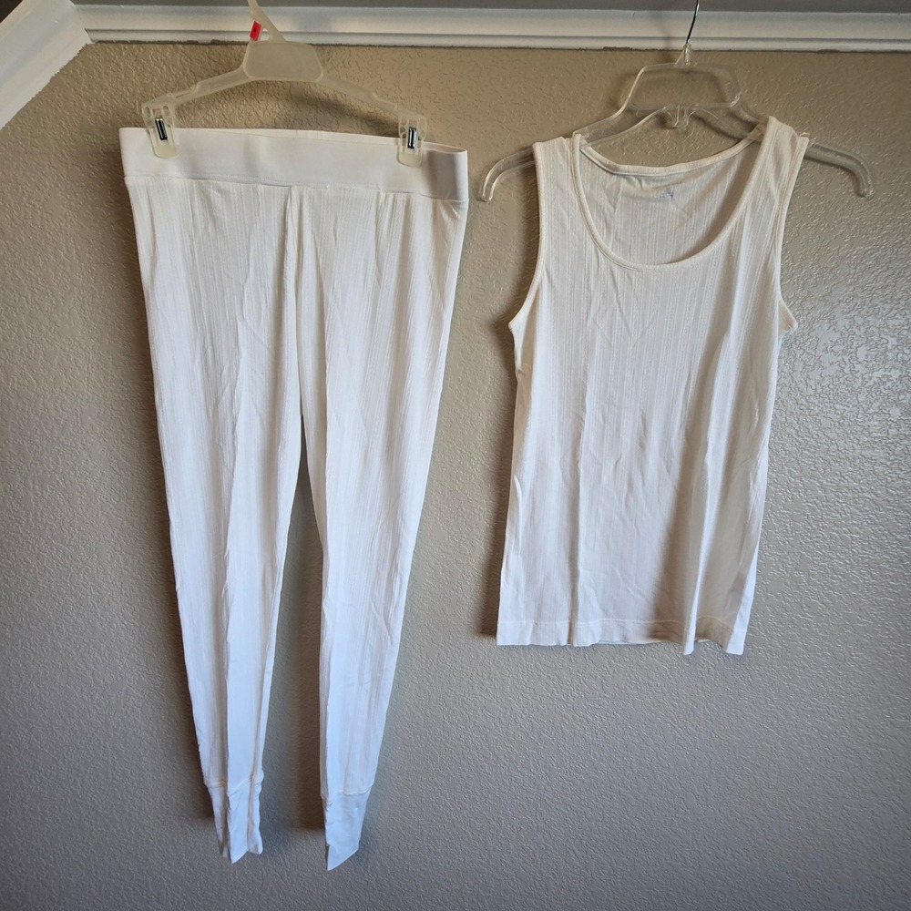 Lands End Womens MP 10-12 White 100% Silk Pointelle Tank Leggings Set